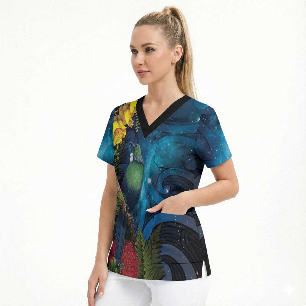 Tui Bird New Zealand Starry Sky Scrub Top Maori Koru