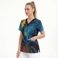 Tui Bird New Zealand Starry Sky Scrub Top Maori Koru