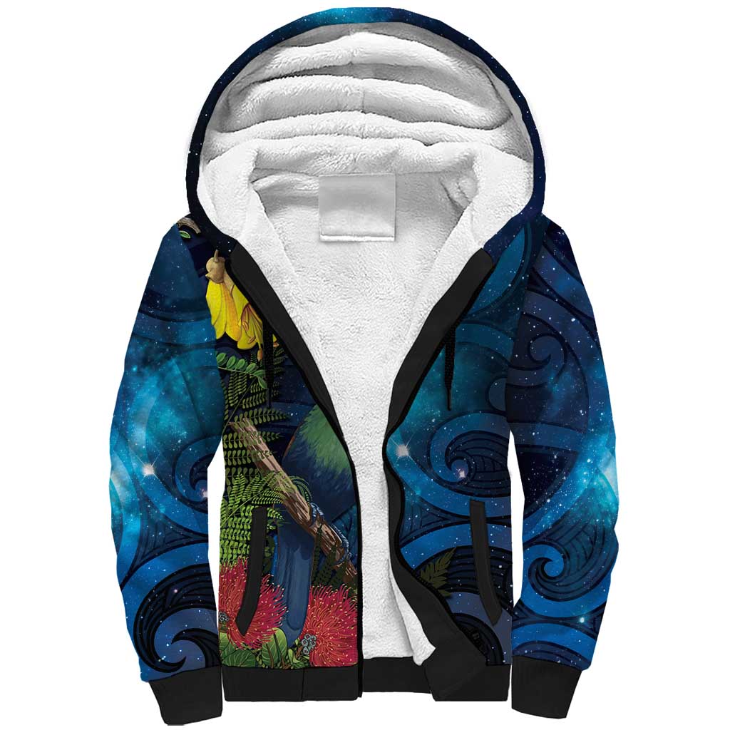 Tui Bird New Zealand Starry Sky Sherpa Hoodie Maori Koru