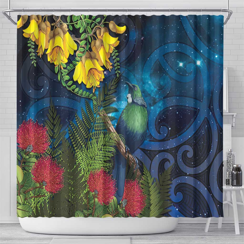 Tui Bird New Zealand Starry Sky Shower Curtain Maori Koru