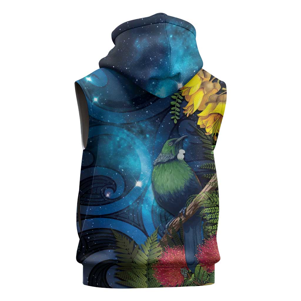 Tui Bird New Zealand Starry Sky Sleeveless Hoodie Maori Koru