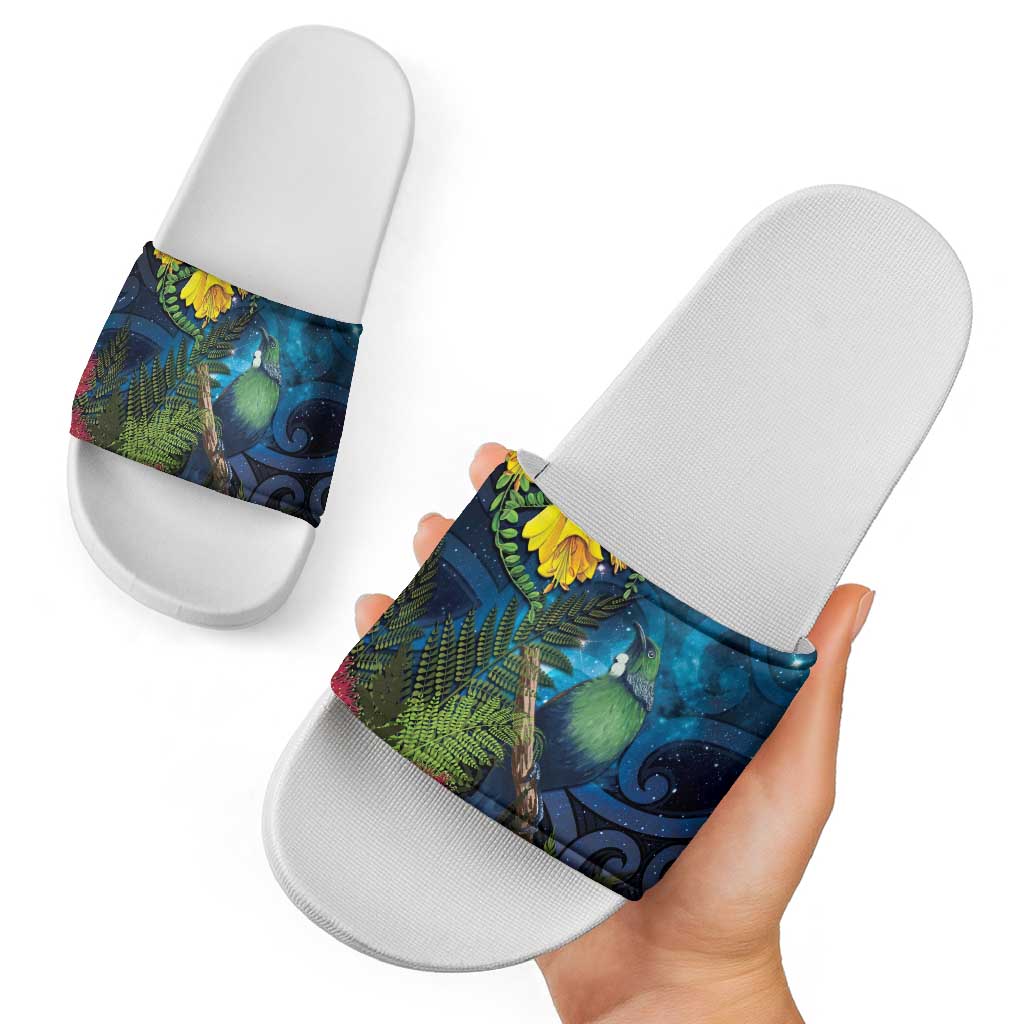 Tui Bird New Zealand Starry Sky Slide Sandals Maori Koru