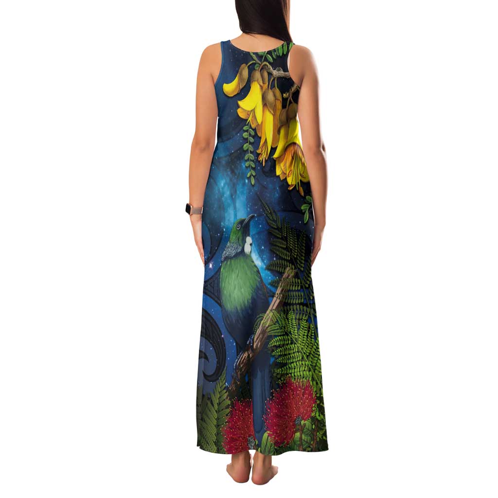 Tui Bird New Zealand Starry Sky Tank Maxi Dress Maori Koru
