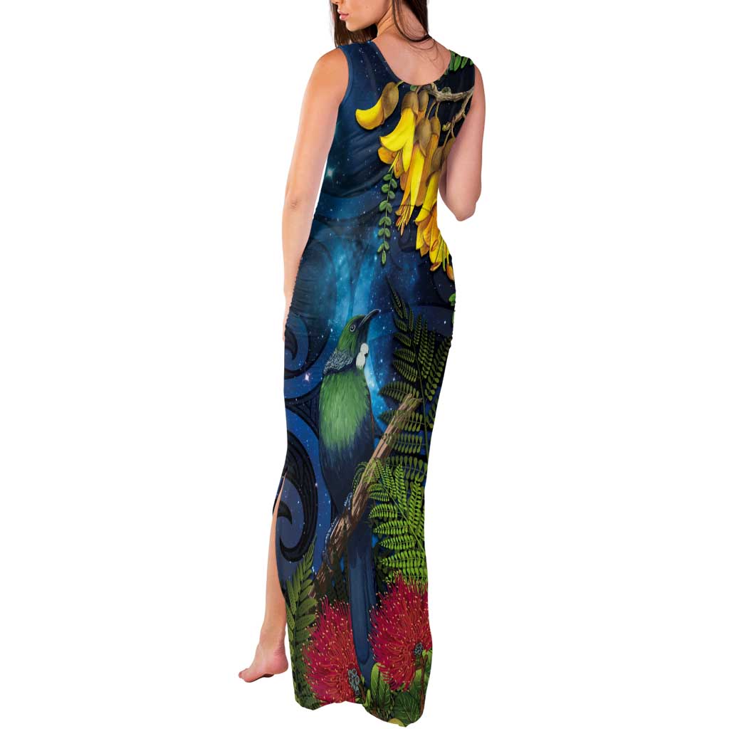 Tui Bird New Zealand Starry Sky Tank Maxi Dress Maori Koru