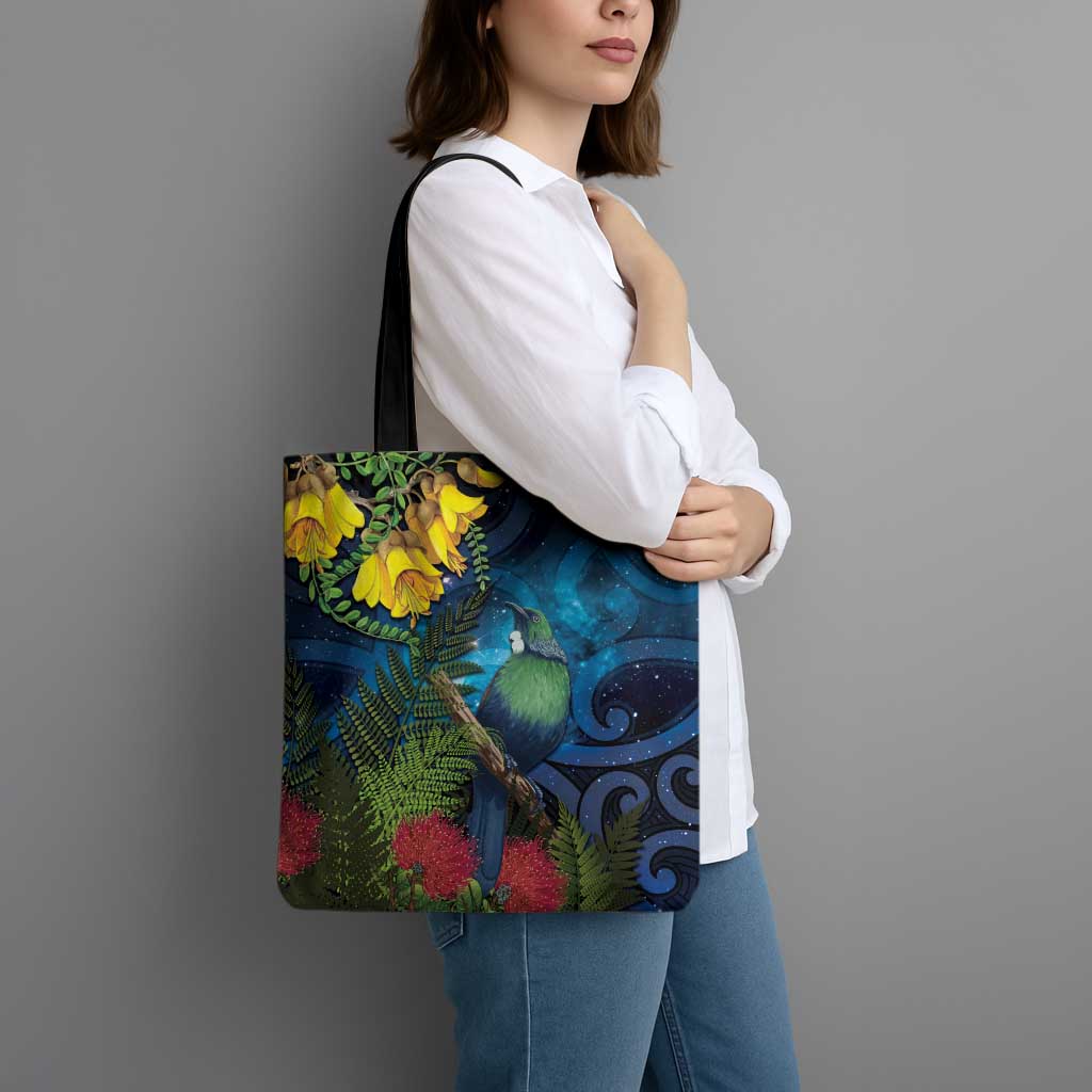 Tui Bird New Zealand Starry Sky Tote Bag Maori Koru
