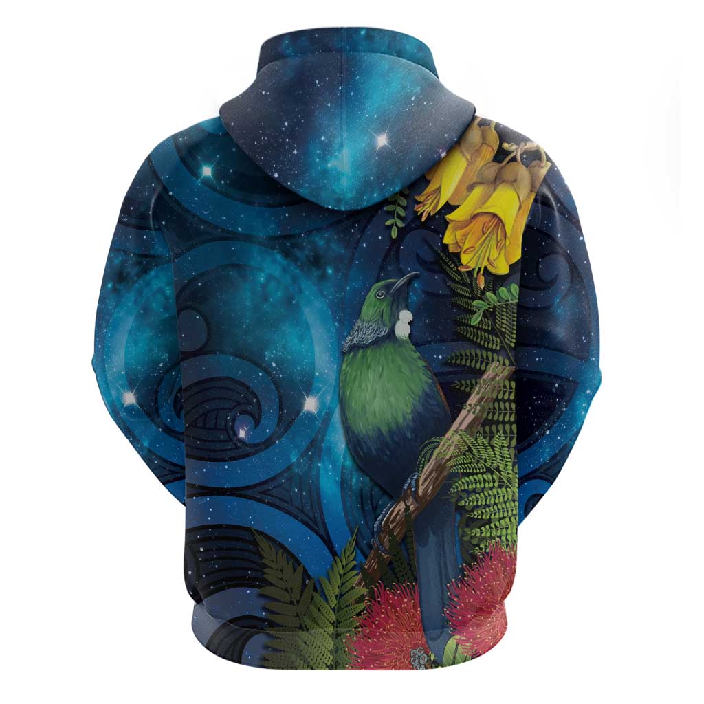 Tui Bird New Zealand Starry Sky Zip Hoodie Maori Koru
