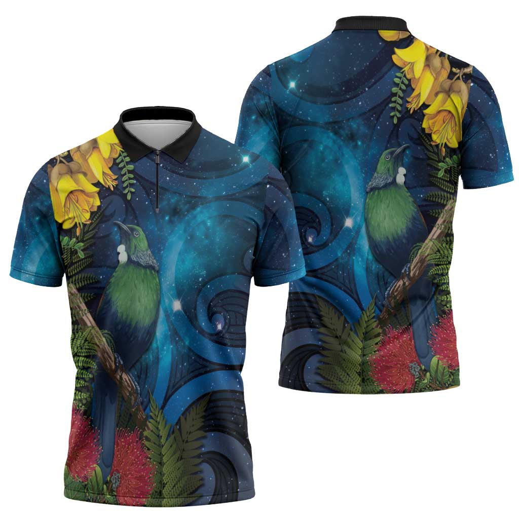 Tui Bird New Zealand Starry Sky Zipper Polo Shirt Maori Koru
