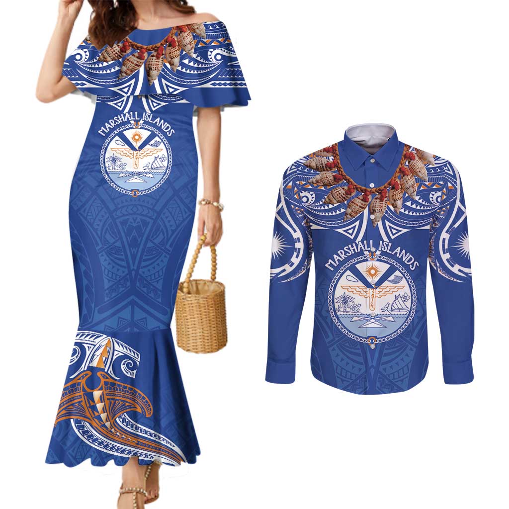 Yokwe Marshall Islands Personalized Couples Matching Mermaid Dress and Long Sleeve Button Shirt Jemenei Day - Seashell Necklace