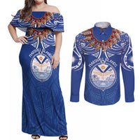 Yokwe Marshall Islands Personalized Couples Matching Off Shoulder Maxi Dress and Long Sleeve Button Shirt Jemenei Day - Seashell Necklace