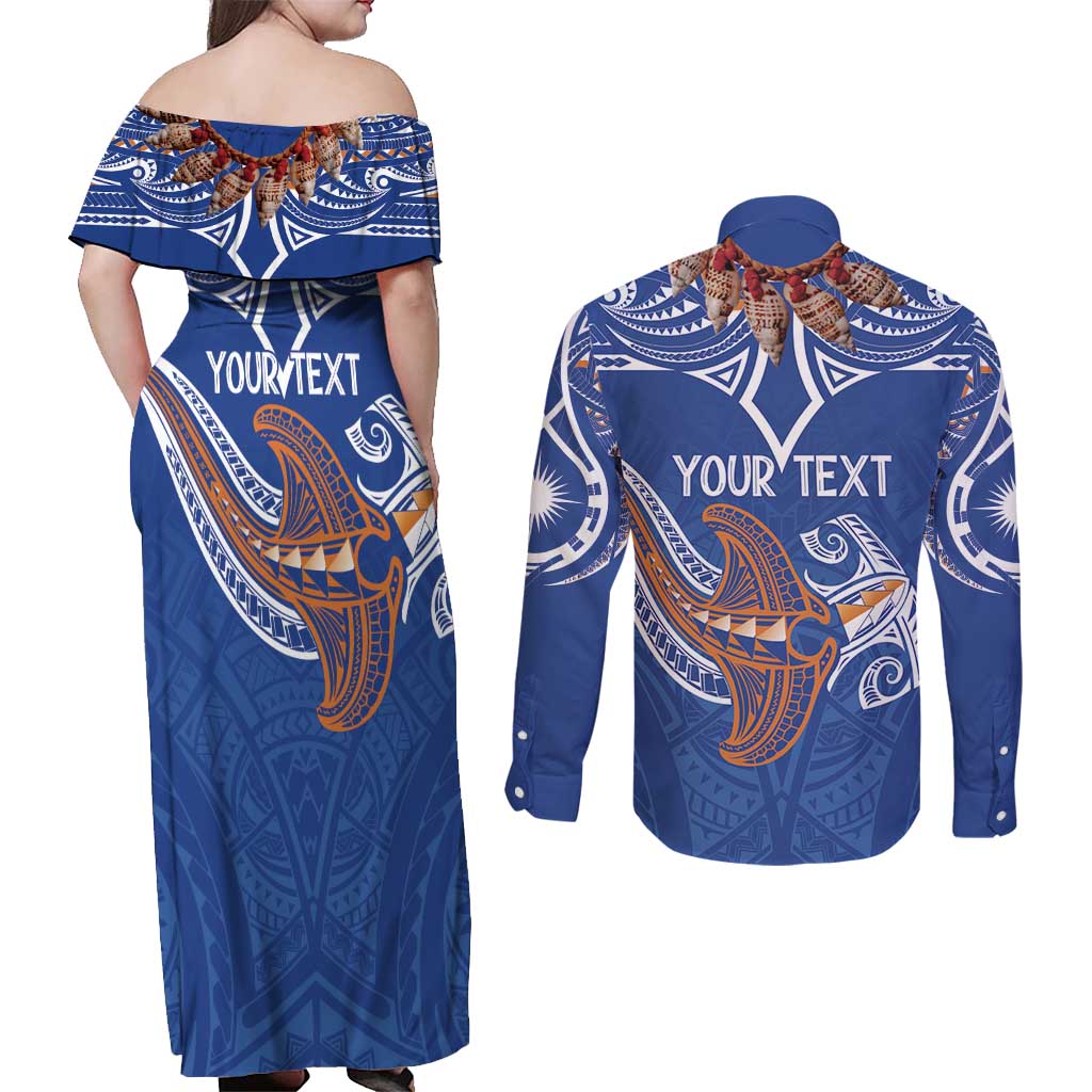 Yokwe Marshall Islands Personalized Couples Matching Off Shoulder Maxi Dress and Long Sleeve Button Shirt Jemenei Day - Seashell Necklace