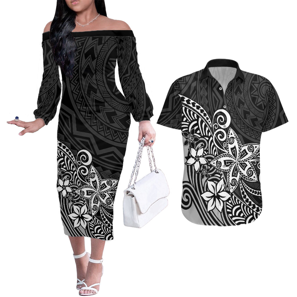 Polynesia Couples Matching Off The Shoulder Long Sleeve Dress and Hawaiian Shirt Plumeria Black Curves LT7 Black - Polynesian Pride