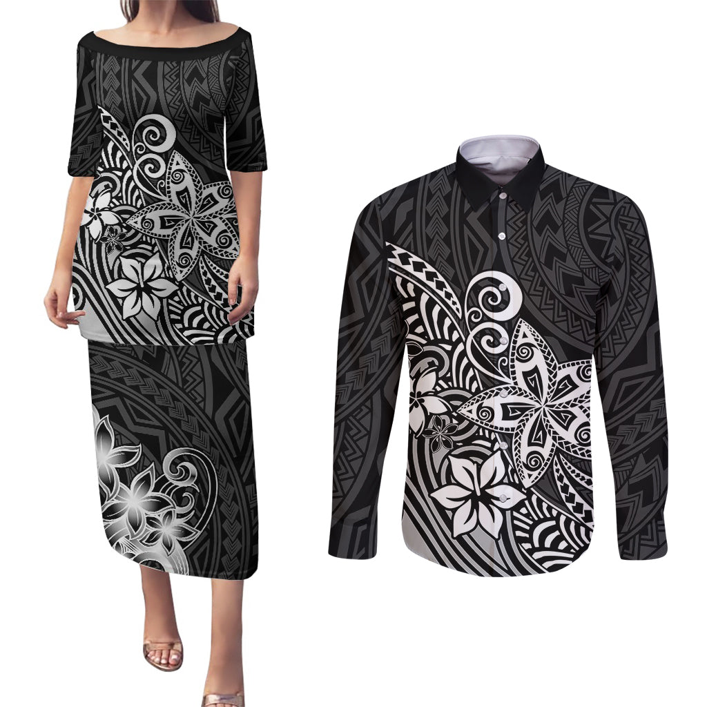Polynesia Couples Matching Puletasi Dress and Long Sleeve Button Shirts Plumeria Black Curves LT7 Black - Polynesian Pride
