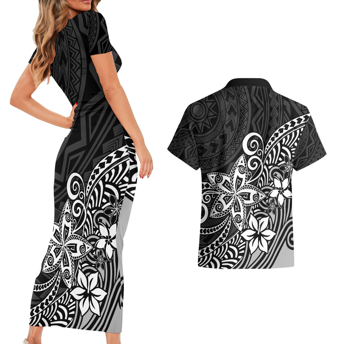 Polynesia Couples Matching Short Sleeve Bodycon Dress and Hawaiian Shirt Plumeria Black Curves LT7 - Polynesian Pride