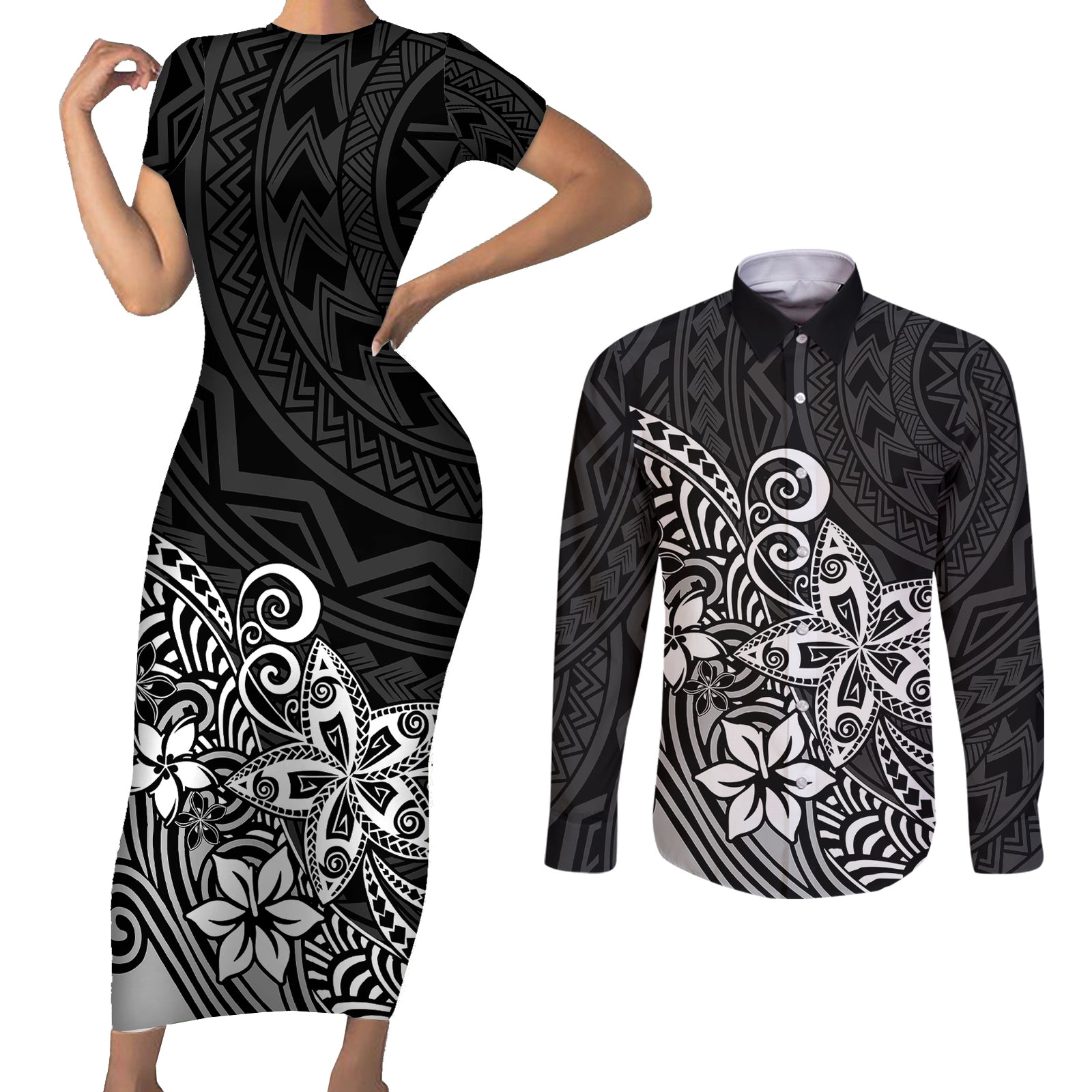 Polynesia Couples Matching Short Sleeve Bodycon Dress and Long Sleeve Button Shirts Plumeria Black Curves LT7 Black - Polynesian Pride