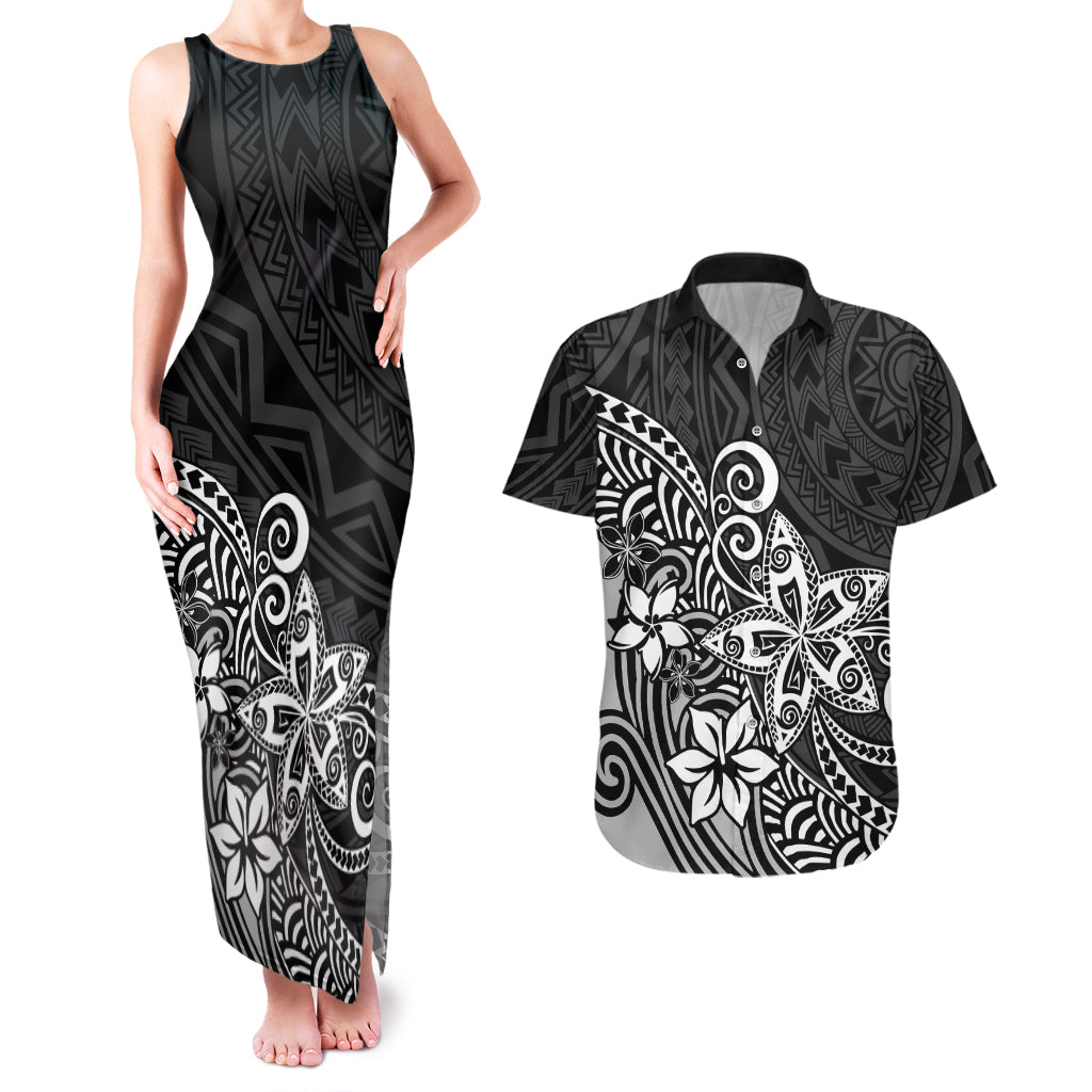 Polynesia Couples Matching Tank Maxi Dress And Hawaiian Shirt Plumeria Black Curves LT7 Black - Polynesian Pride
