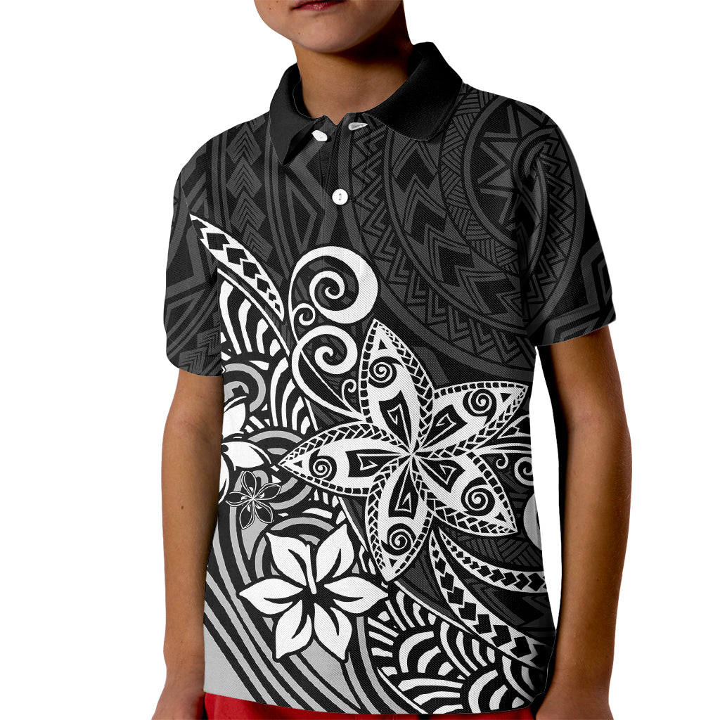 Polynesia Kid Polo Shirt Plumeria Black Curves LT7 Kid Black - Polynesian Pride
