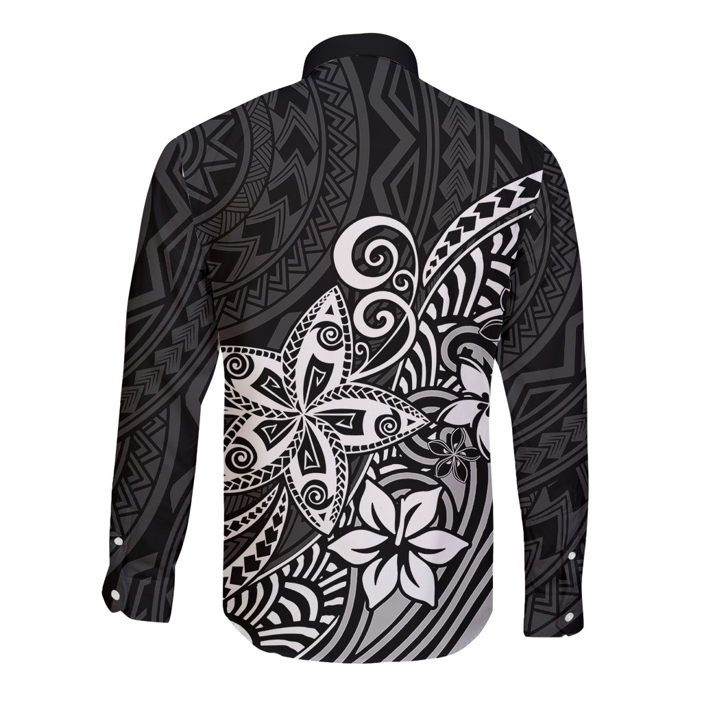 Polynesia Long Sleeve Button Shirt Plumeria Black Curves LT7 - Polynesian Pride