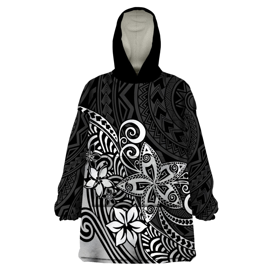 Polynesia Wearable Blanket Hoodie Plumeria Black Curves LT7 One Size Black - Polynesian Pride