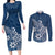 Polynesia Couples Matching Long Sleeve Bodycon Dress and Long Sleeve Button Shirts Plumeria Blue Curves LT7 Blue - Polynesian Pride