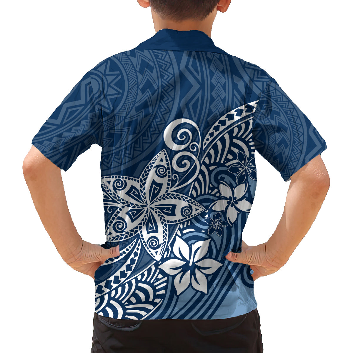 Hawaii Family Matching Outfits Polynesia Off Shoulder Maxi Dress And Shirt Family Set Clothes Plumeria Navy Curves LT7