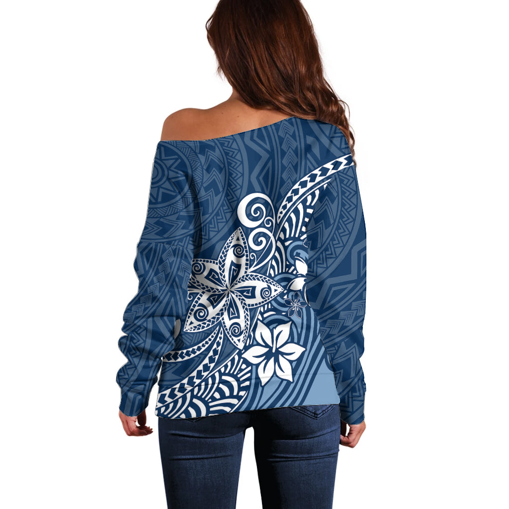 Polynesia Off Shoulder Sweater Plumeria Blue Curves LT7 - Polynesian Pride