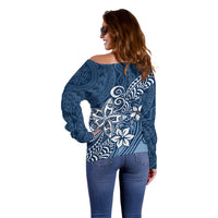 Polynesia Off Shoulder Sweater Plumeria Blue Curves LT7 - Polynesian Pride