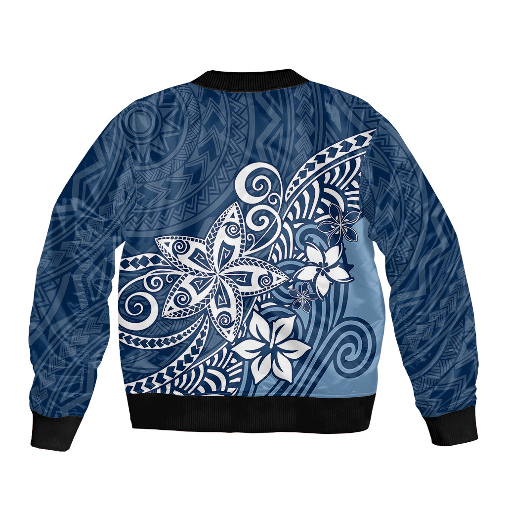 Polynesia Sleeve Zip Bomber Jacket Plumeria Blue Curves LT7 - Polynesian Pride