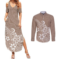 Polynesia Couples Matching Summer Maxi Dress and Long Sleeve Button Shirts Plumeria Beige Curves LT7 Beige - Polynesian Pride