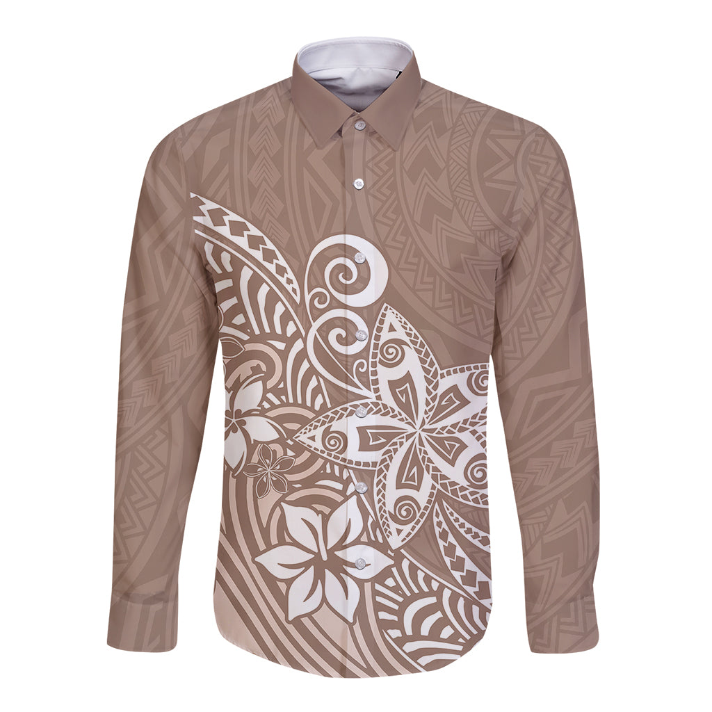 Polynesia Long Sleeve Button Shirt Plumeria Beige Curves LT7 Unisex Beige - Polynesian Pride