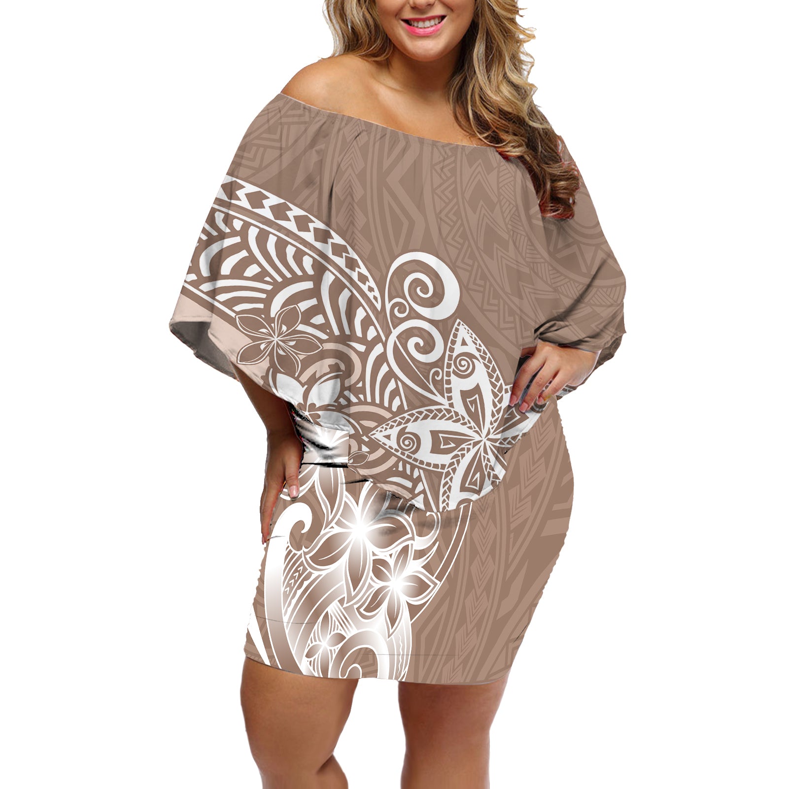 Polynesia Off Shoulder Short Dress Plumeria Beige Curves LT7 Women Beige - Polynesian Pride