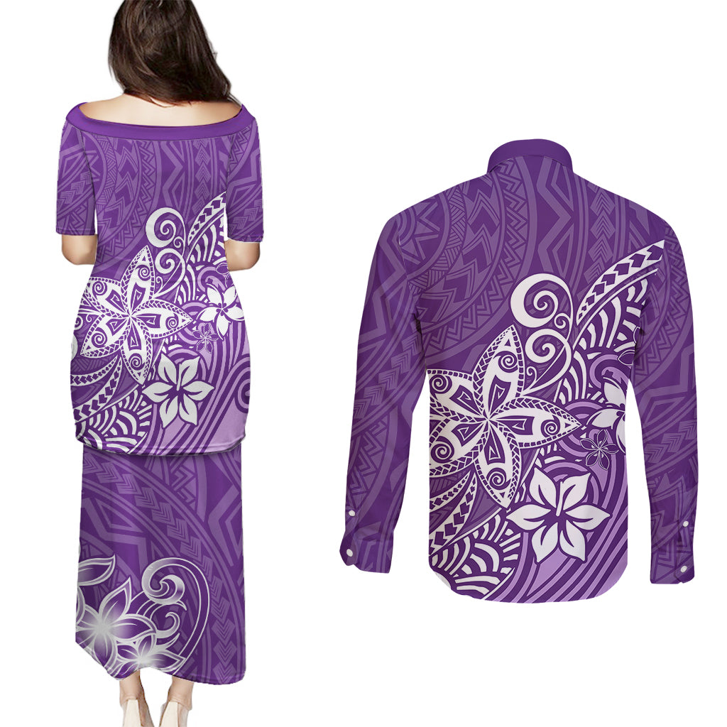 Polynesia Couples Matching Puletasi Dress and Long Sleeve Button Shirts Plumeria Purple Curves LT7 - Polynesian Pride