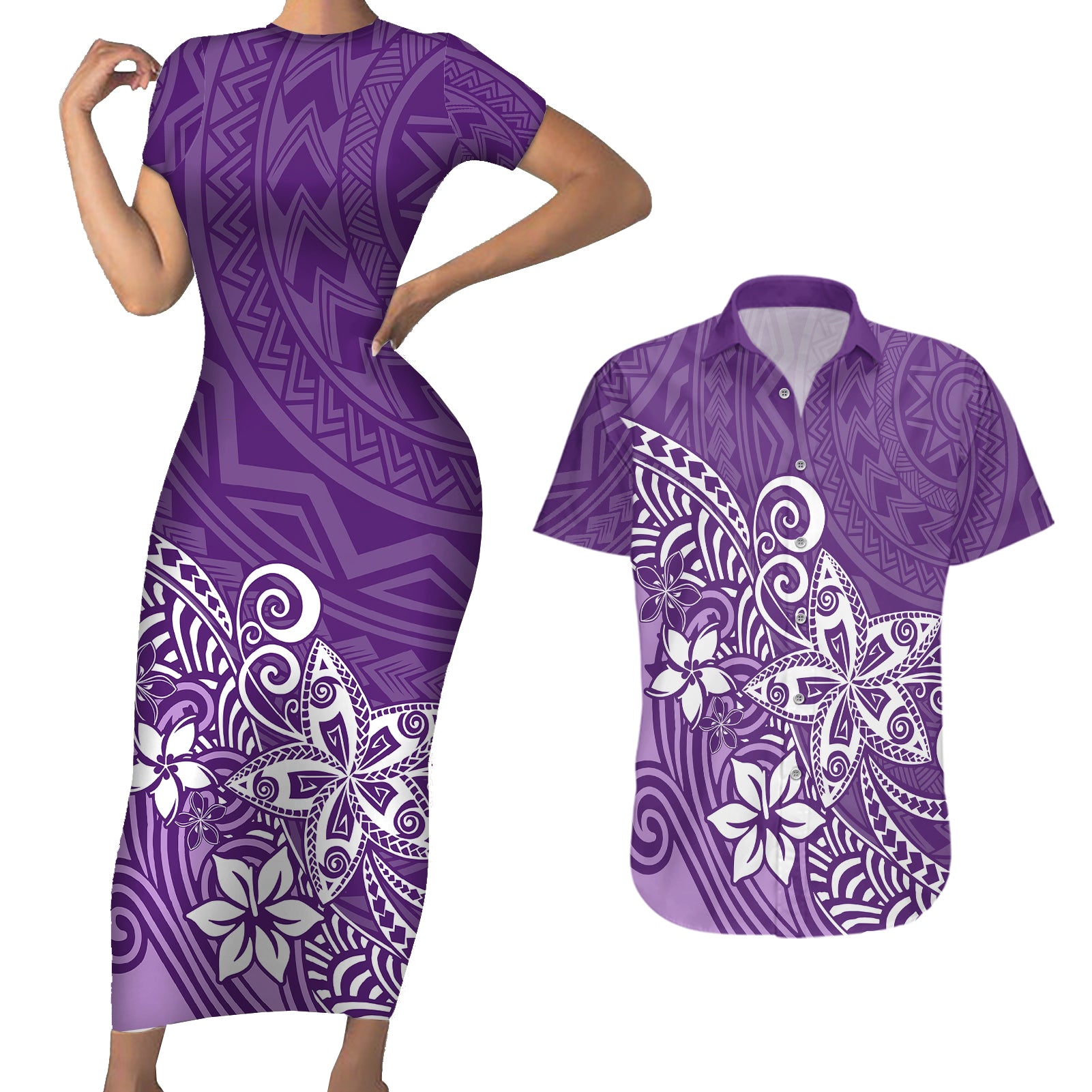 Polynesia Couples Matching Short Sleeve Bodycon Dress and Hawaiian Shirt Plumeria Purple Curves LT7 Purple - Polynesian Pride