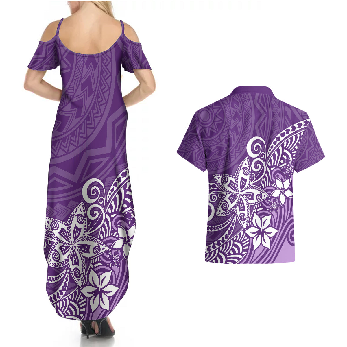 Polynesia Couples Matching Summer Maxi Dress and Hawaiian Shirt Plumeria Purple Curves LT7 - Polynesian Pride