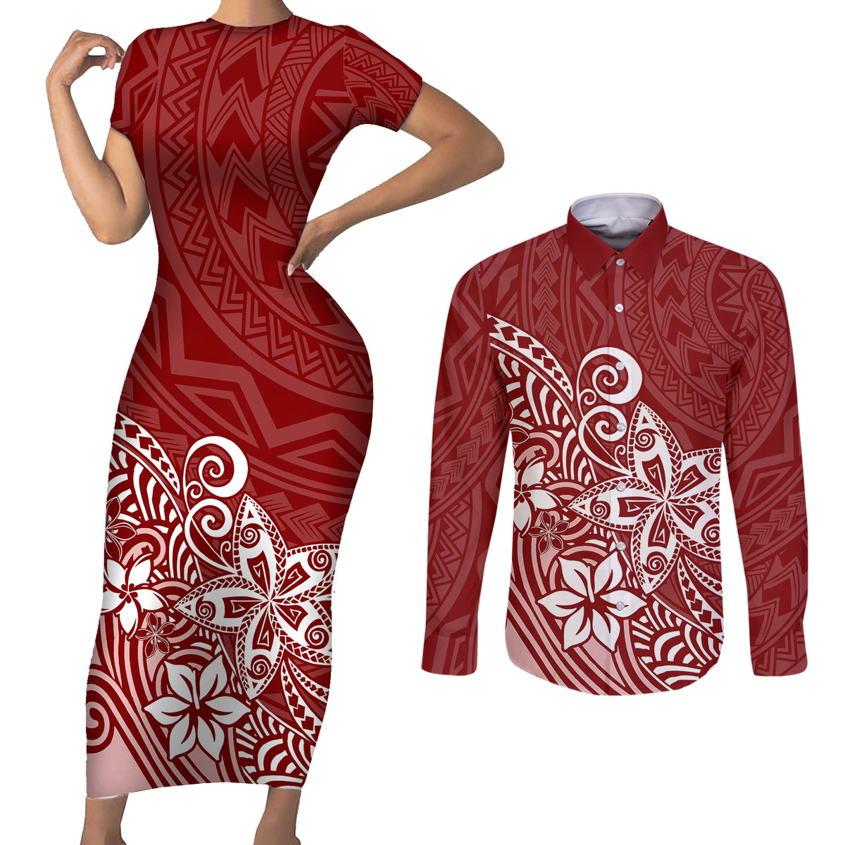 Polynesia Couples Matching Short Sleeve Bodycon Dress and Long Sleeve Button Shirts Plumeria Red Curves LT7 Red - Polynesian Pride