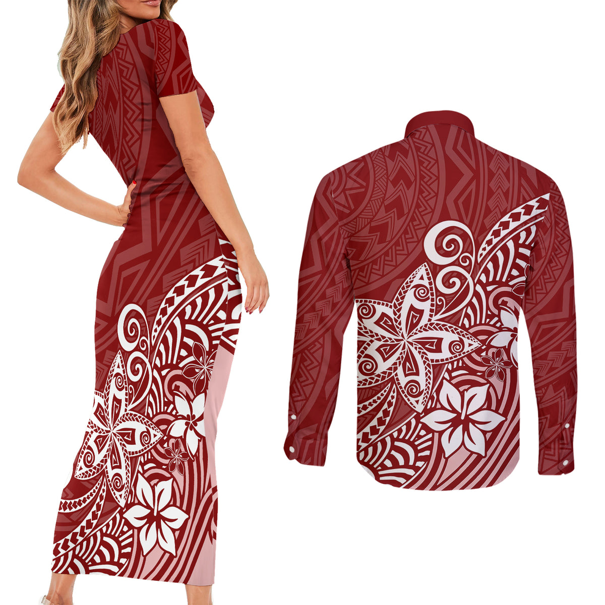 Polynesia Couples Matching Short Sleeve Bodycon Dress and Long Sleeve Button Shirts Plumeria Red Curves LT7 - Polynesian Pride