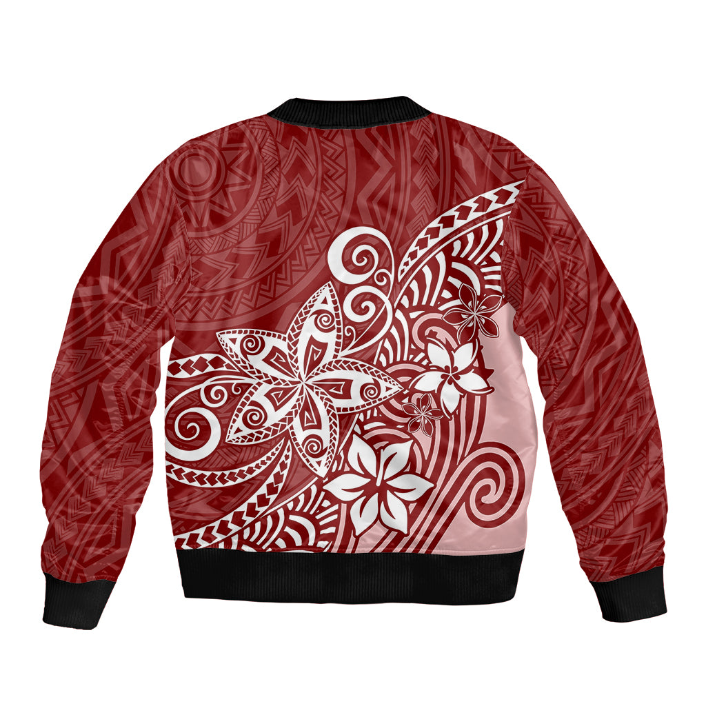 Polynesia Sleeve Zip Bomber Jacket Plumeria Red Curves LT7 - Polynesian Pride
