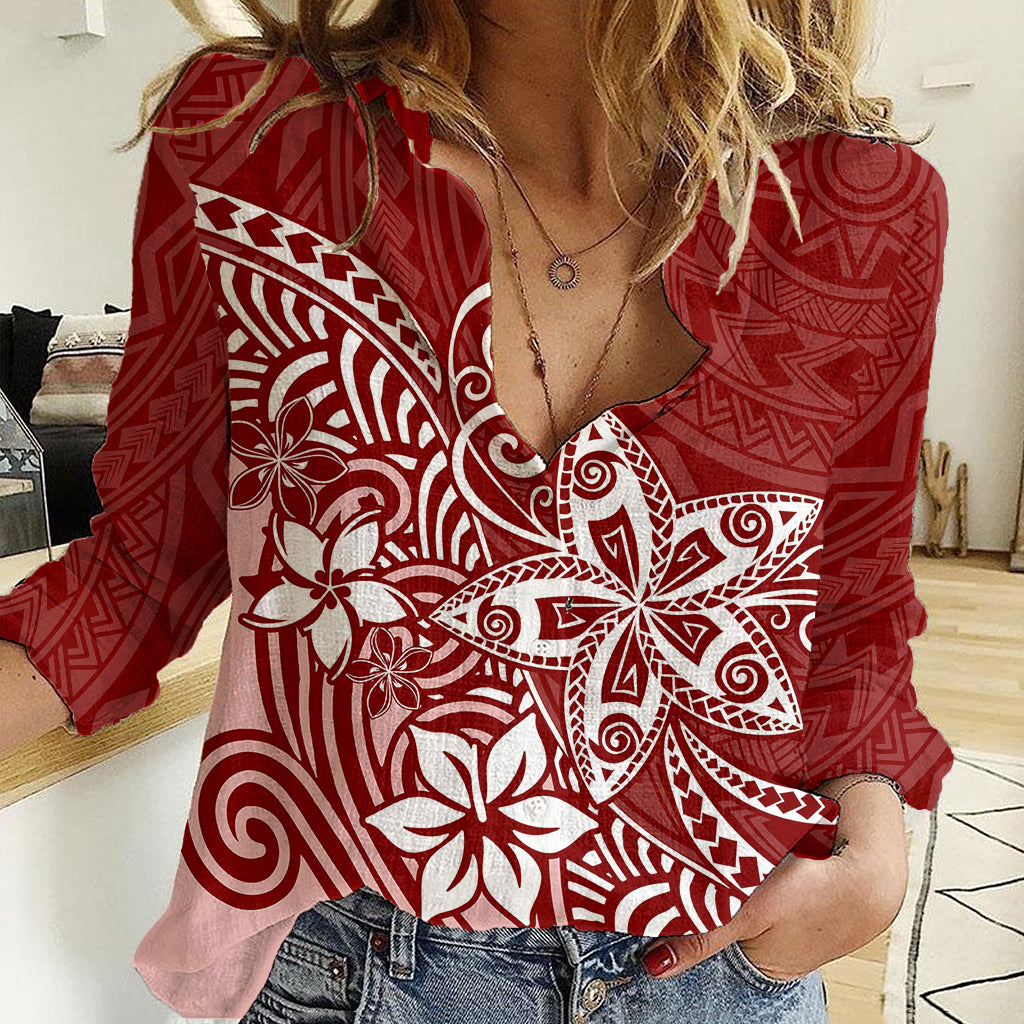 Polynesia Women Casual Shirt Plumeria Red Curves LT7 Female Red - Polynesian Pride