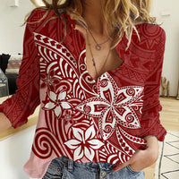 Polynesia Women Casual Shirt Plumeria Red Curves LT7 Female Red - Polynesian Pride