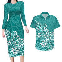 Polynesia Couples Matching Long Sleeve Bodycon Dress and Hawaiian Shirt Plumeria Teal Curves LT7 Teal - Polynesian Pride