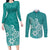 Polynesia Couples Matching Long Sleeve Bodycon Dress and Long Sleeve Button Shirts Plumeria Teal Curves LT7 Teal - Polynesian Pride