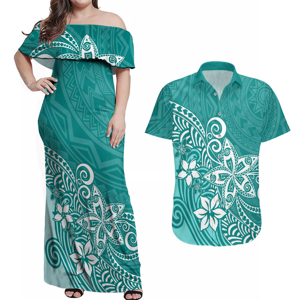 Polynesia Couples Matching Off Shoulder Maxi Dress and Hawaiian Shirt Plumeria Teal Curves LT7 Teal - Polynesian Pride