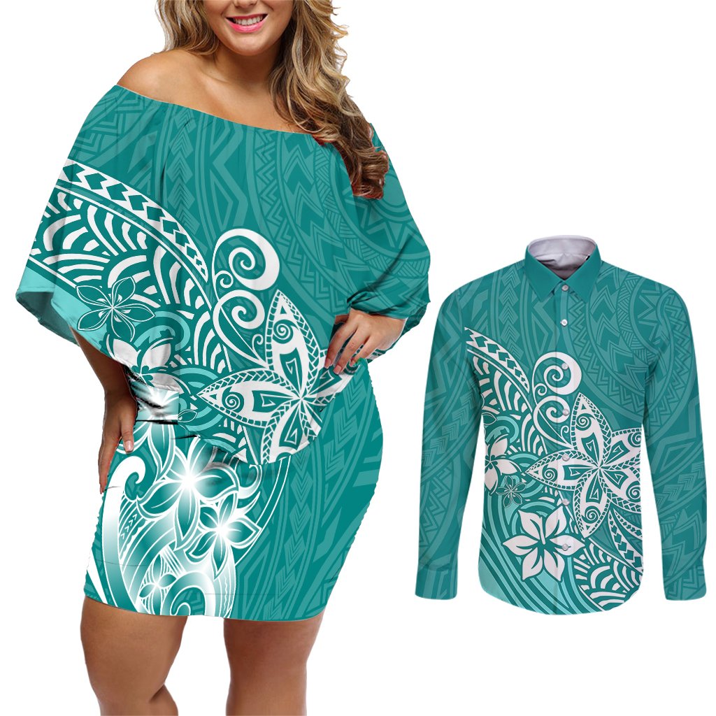 Polynesia Couples Matching Off Shoulder Short Dress and Long Sleeve Button Shirts Plumeria Teal Curves LT7 Teal - Polynesian Pride
