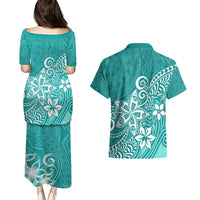 Polynesia Couples Matching Puletasi Dress and Hawaiian Shirt Plumeria Teal Curves LT7 - Polynesian Pride