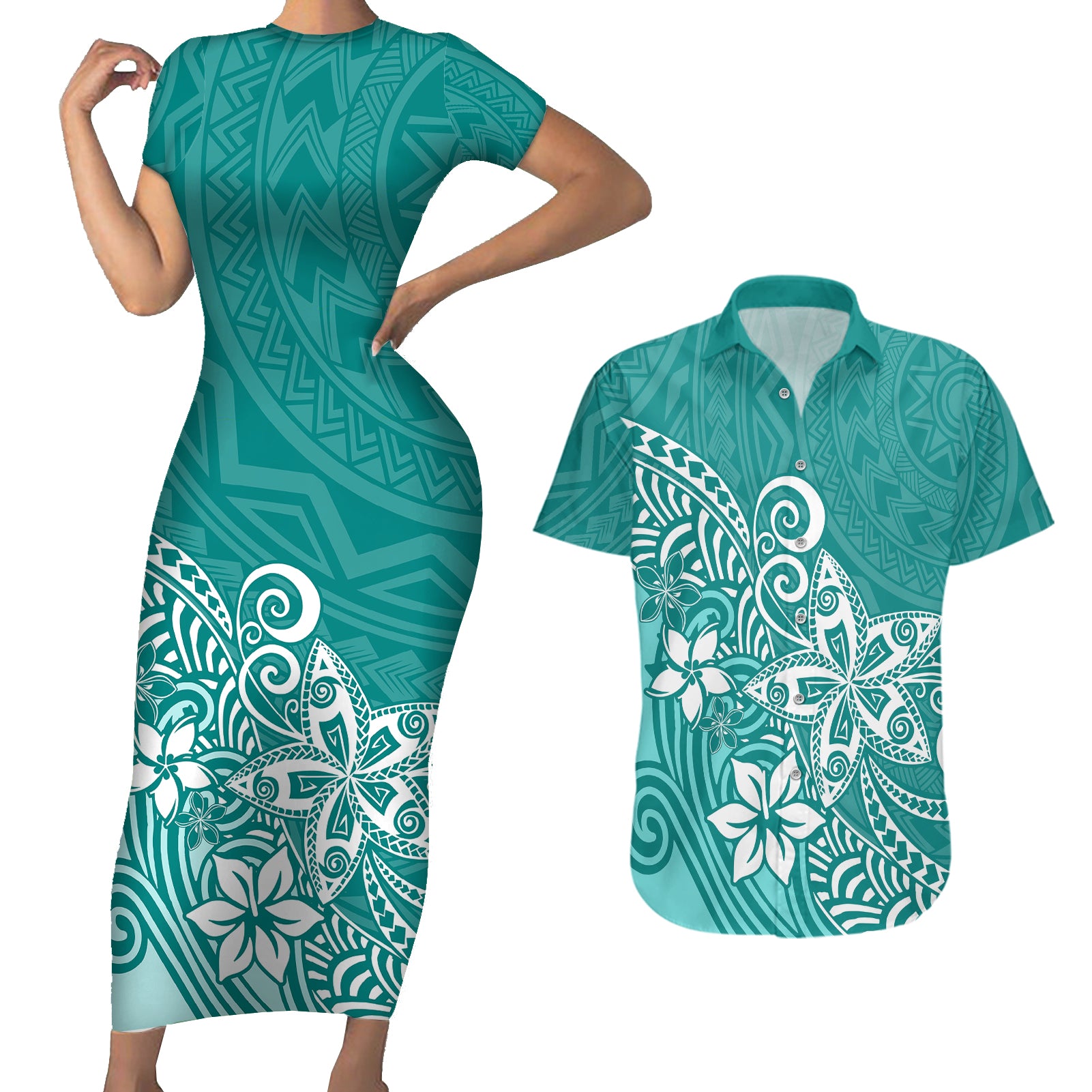 Polynesia Couples Matching Short Sleeve Bodycon Dress and Hawaiian Shirt Plumeria Teal Curves LT7 Teal - Polynesian Pride