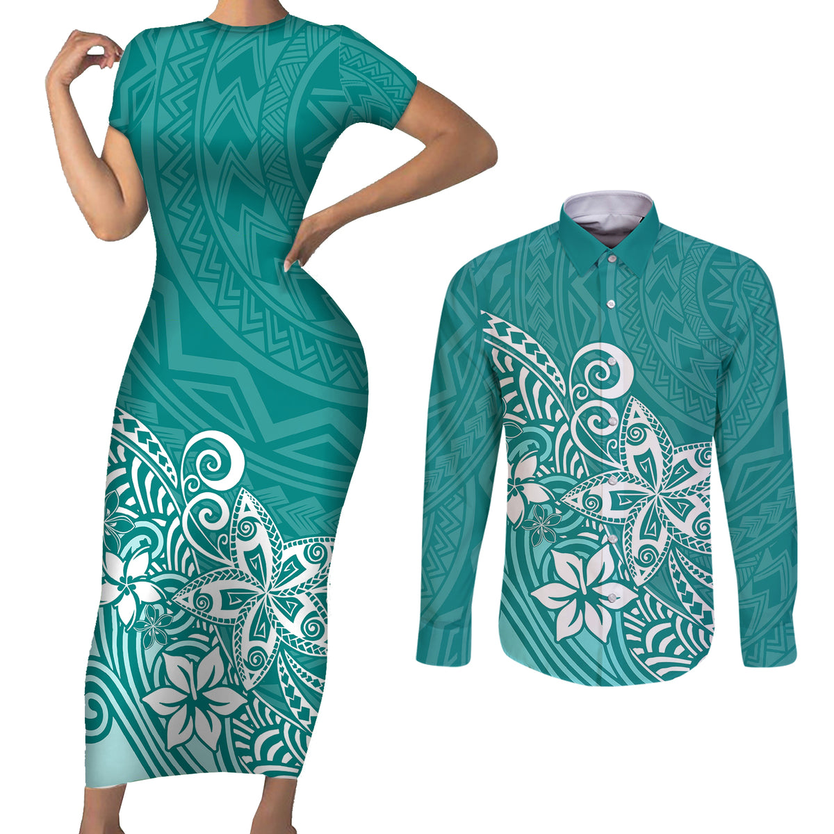 Polynesia Couples Matching Short Sleeve Bodycon Dress and Long Sleeve Button Shirts Plumeria Teal Curves LT7 Teal - Polynesian Pride
