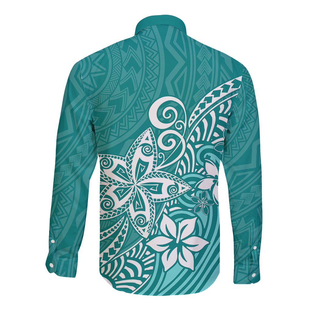 Polynesia Long Sleeve Button Shirt Plumeria Teal Curves LT7 - Polynesian Pride