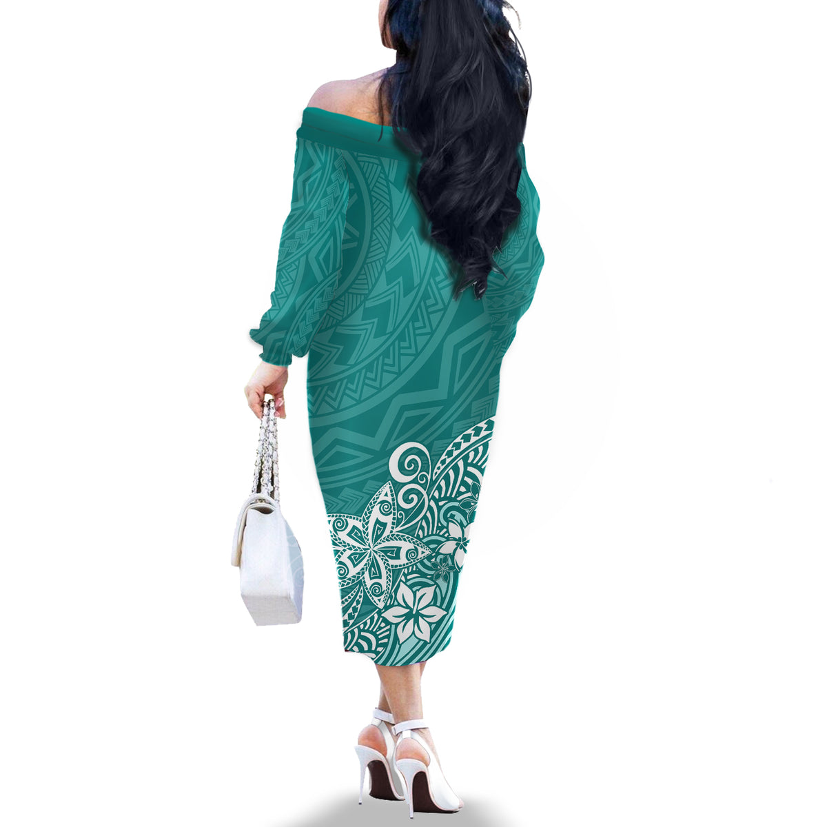 Polynesia Off The Shoulder Long Sleeve Dress Plumeria Teal Curves LT7 - Polynesian Pride