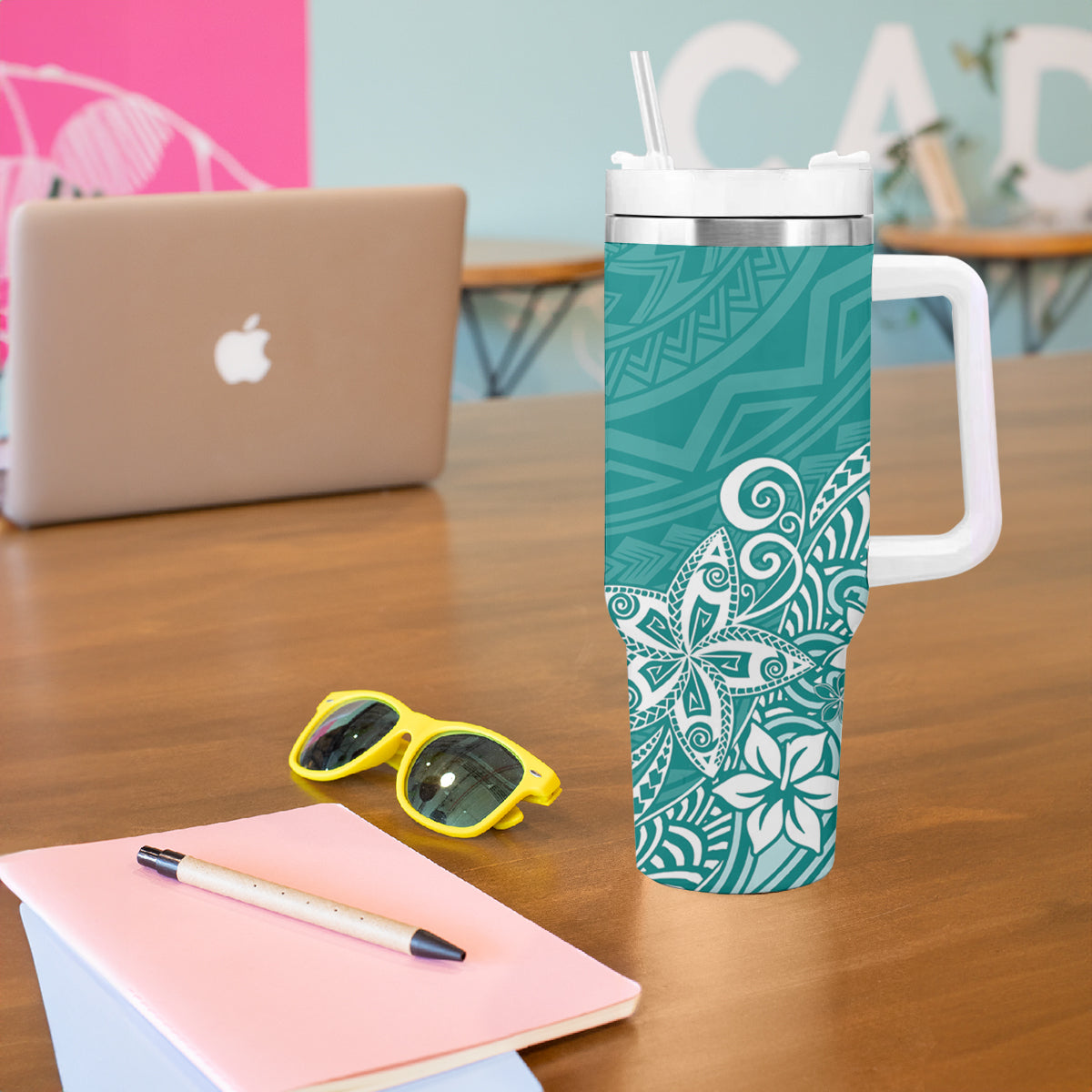 Hawaii Tumbler With Handle Plumeria Teal Curves