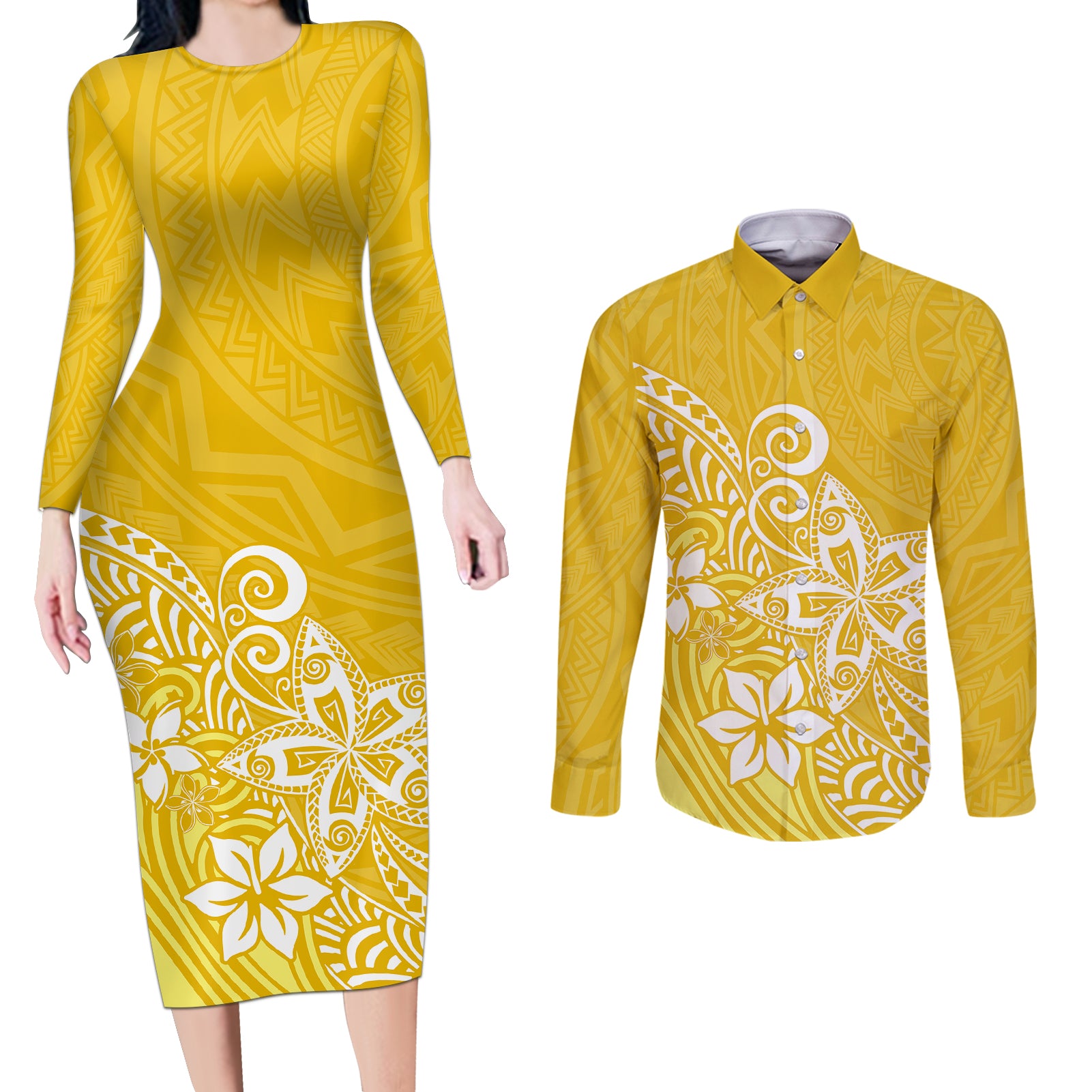 Polynesia Couples Matching Long Sleeve Bodycon Dress and Long Sleeve Button Shirts Plumeria Yellow Curves LT7 Yellow - Polynesian Pride