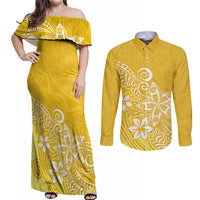 Polynesia Couples Matching Off Shoulder Maxi Dress and Long Sleeve Button Shirts Plumeria Yellow Curves LT7 Yellow - Polynesian Pride